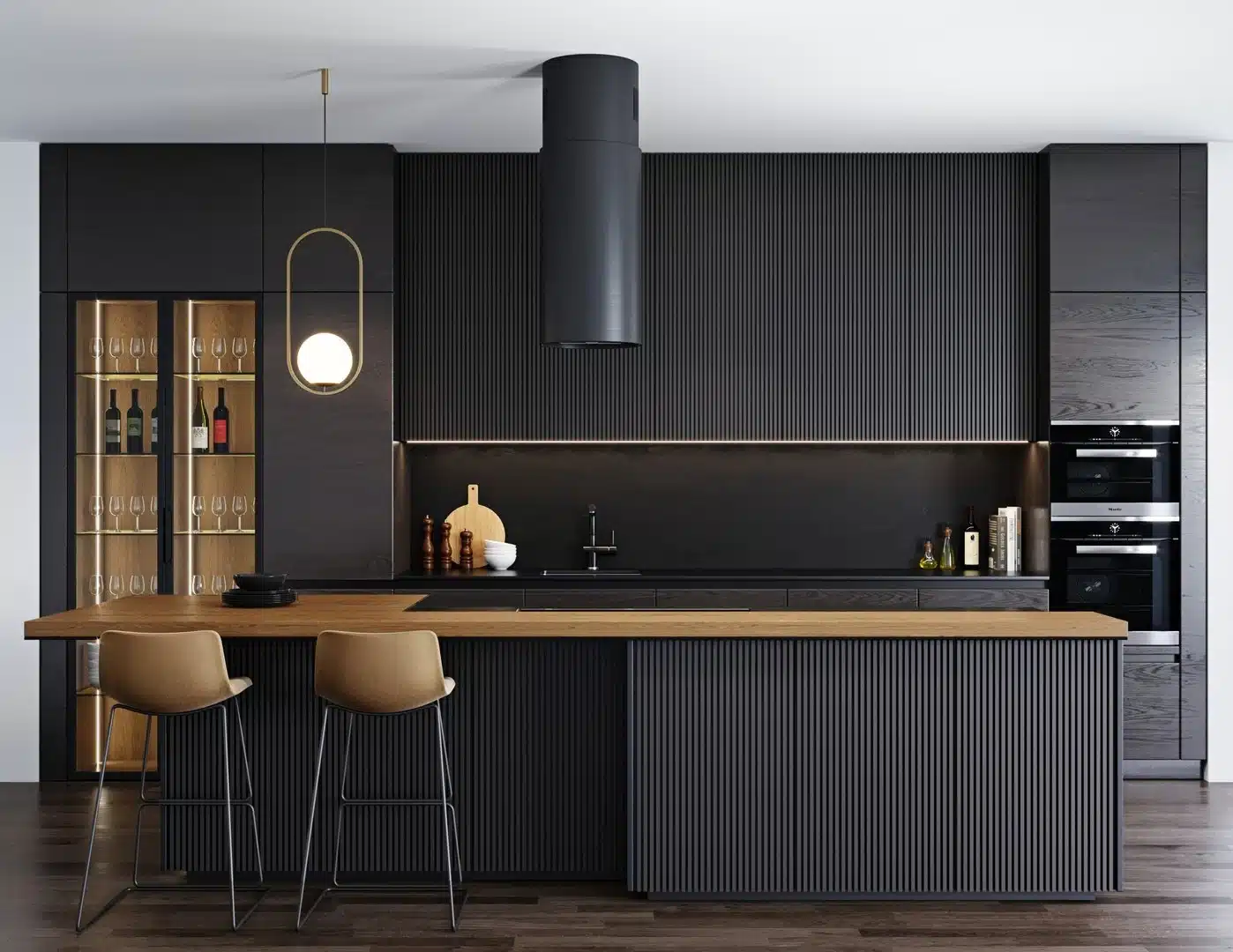Cocina Minimalista Con Madera y Matte-Negro Pintura - Bordes Limpios, Afilado, Simple, Vibrante y Atractivo