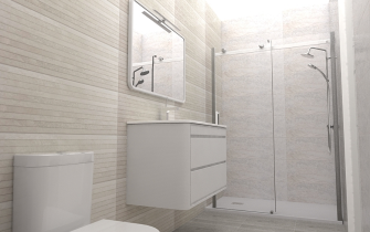 Reforma de Baño Moderno, con ducha, espejo con luces led, luces led, colores Clásicos y de transición.